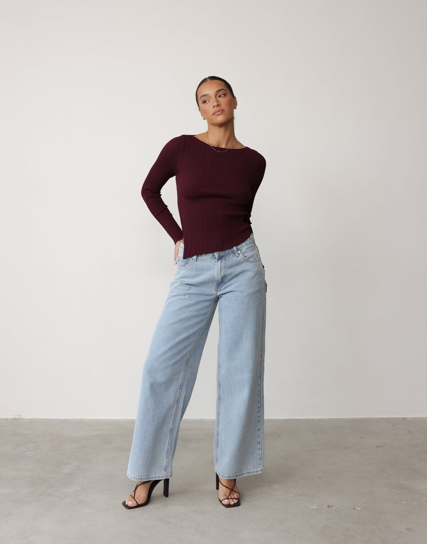 Kienna Long Sleeve Top (Plum) | CHARCOAL Exclusive - Ribbed Long Sleeve Asymmetrical Hem Boat Neck Top - Women's Top - Charcoal Clothing