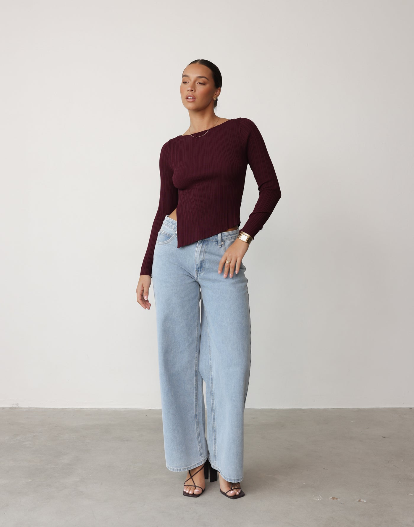 Kienna Long Sleeve Top (Plum) | CHARCOAL Exclusive - Ribbed Long Sleeve Asymmetrical Hem Boat Neck Top - Women's Top - Charcoal Clothing