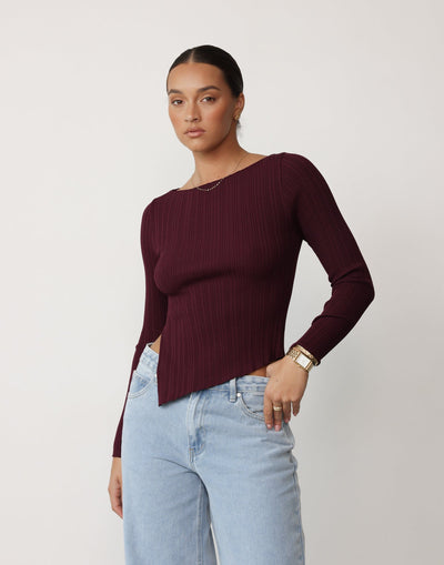 Kienna Long Sleeve Top (Plum) | CHARCOAL Exclusive - Ribbed Long Sleeve Asymmetrical Hem Boat Neck Top - Women's Top - Charcoal Clothing