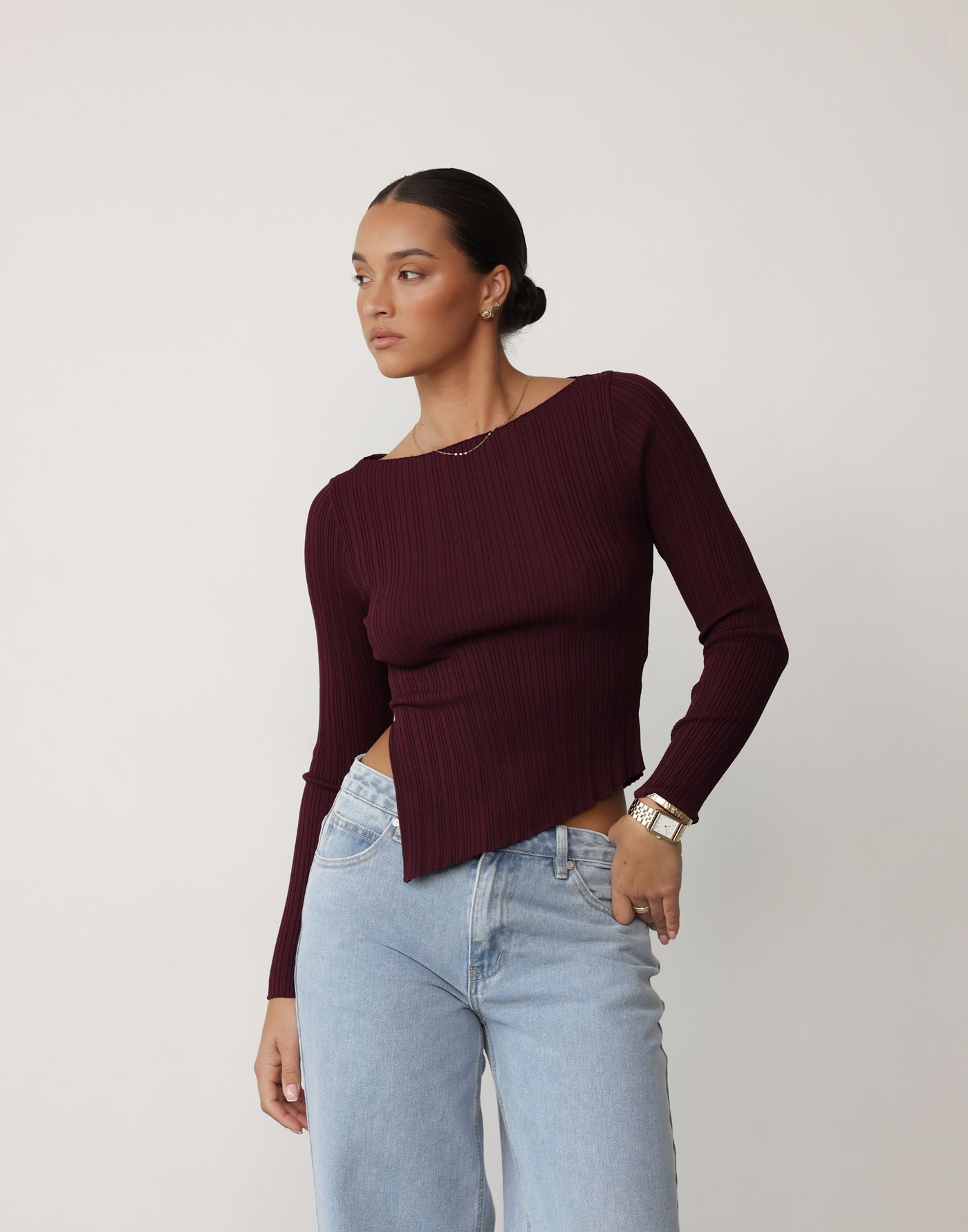 Kienna Long Sleeve Top (Plum) | CHARCOAL Exclusive - Ribbed Long Sleeve Asymmetrical Hem Boat Neck Top - Women's Top - Charcoal Clothing