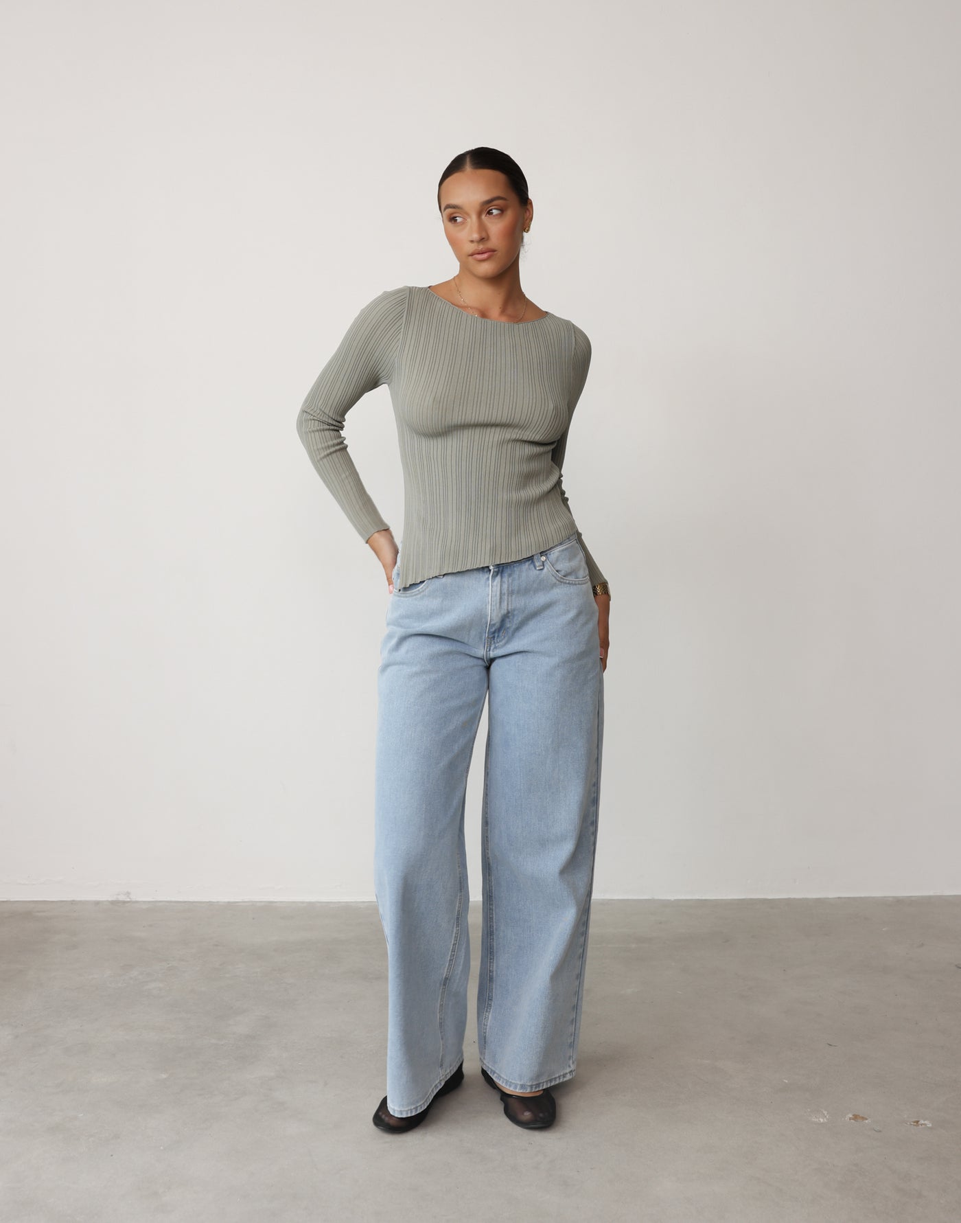 Kienna Long Sleeve Top (Willow) | CHARCOAL Exclusive - Ribbed Long Sleeve Asymmetrical Hem Boat Neck Top - Women's Top - Charcoal Clothing