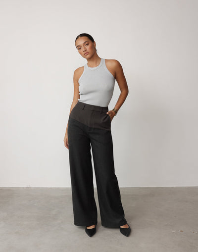 Angie Pants (Slate) | CHARCOAL Exclusive - Contrast Detail High Waisted Wide Leg Pants - Women's Pants - Charcoal Clothing