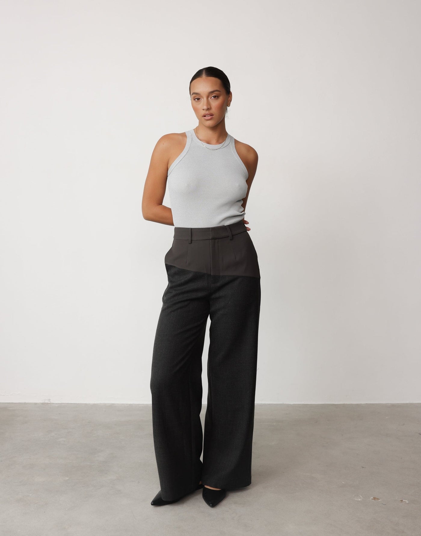 Angie Pants (Slate) | CHARCOAL Exclusive - Contrast Detail High Waisted Wide Leg Pants - Women's Pants - Charcoal Clothing