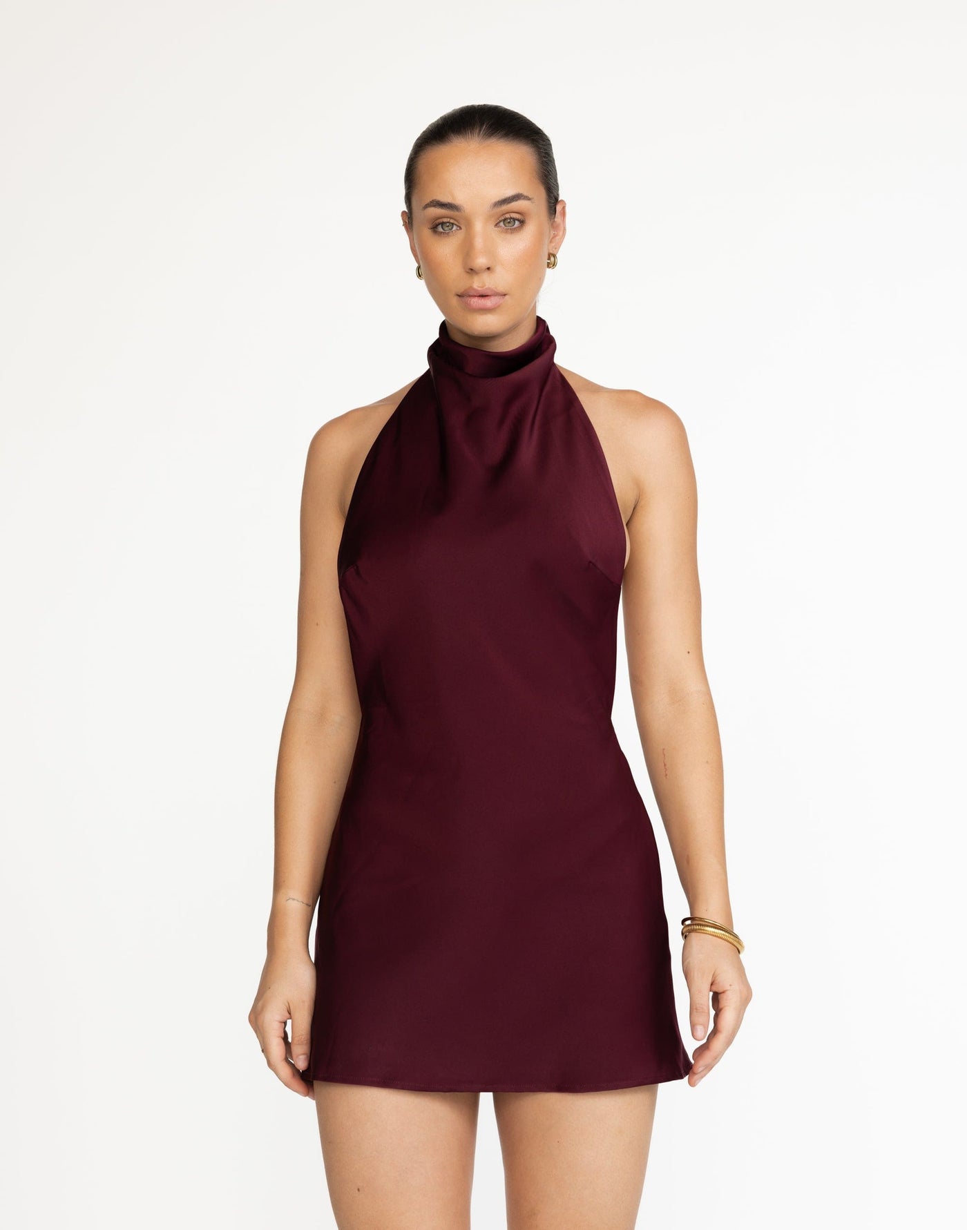 Clara Mini Dress (Plum) | CHARCOAL Exclusive - High Neck, Low Open Back - Women's Dress - Charcoal Clothing