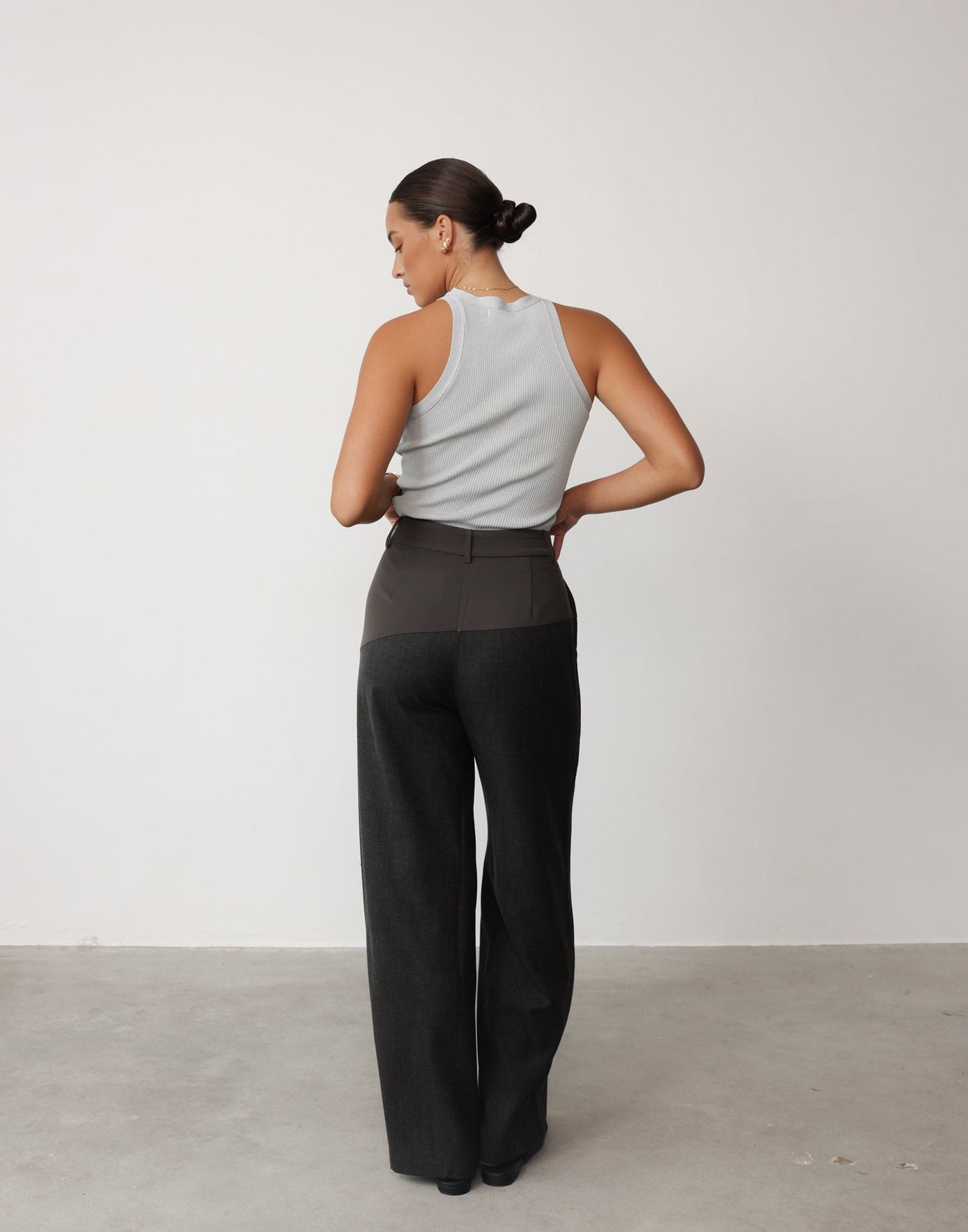 Angie Pants (Slate) | CHARCOAL Exclusive - Contrast Detail High Waisted Wide Leg Pants - Women's Pants - Charcoal Clothing