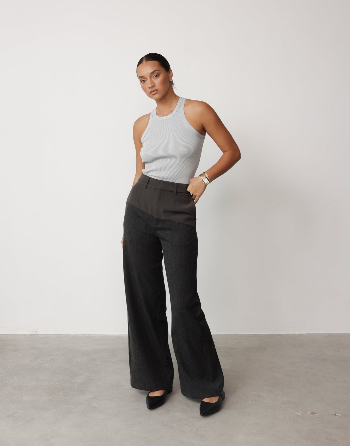 Angie Pants (Slate) | CHARCOAL Exclusive - Contrast Detail High Waisted Wide Leg Pants - Women's Pants - Charcoal Clothing