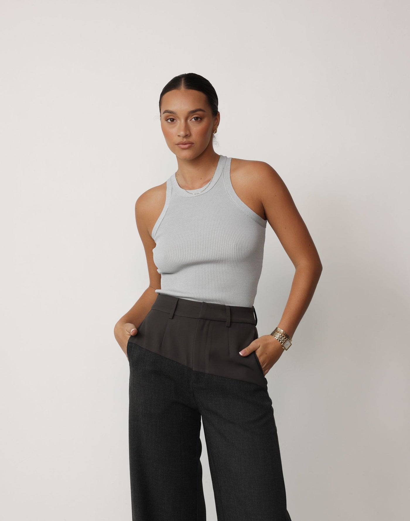 Angie Pants (Slate) | CHARCOAL Exclusive - Contrast Detail High Waisted Wide Leg Pants - Women's Pants - Charcoal Clothing