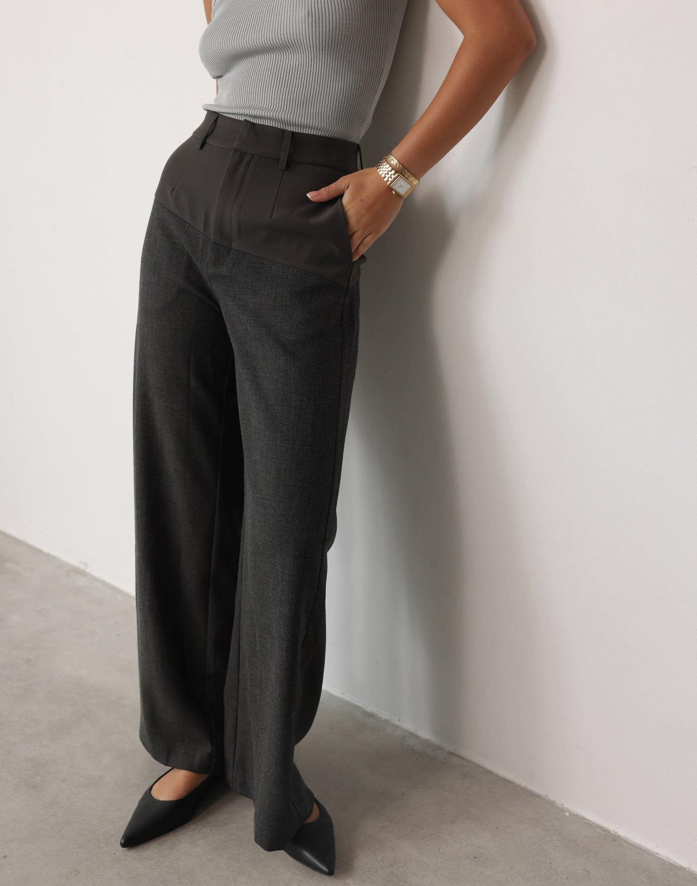 Angie Pants (Slate) | CHARCOAL Exclusive - Contrast Detail High Waisted Wide Leg Pants - Women's Pants - Charcoal Clothing