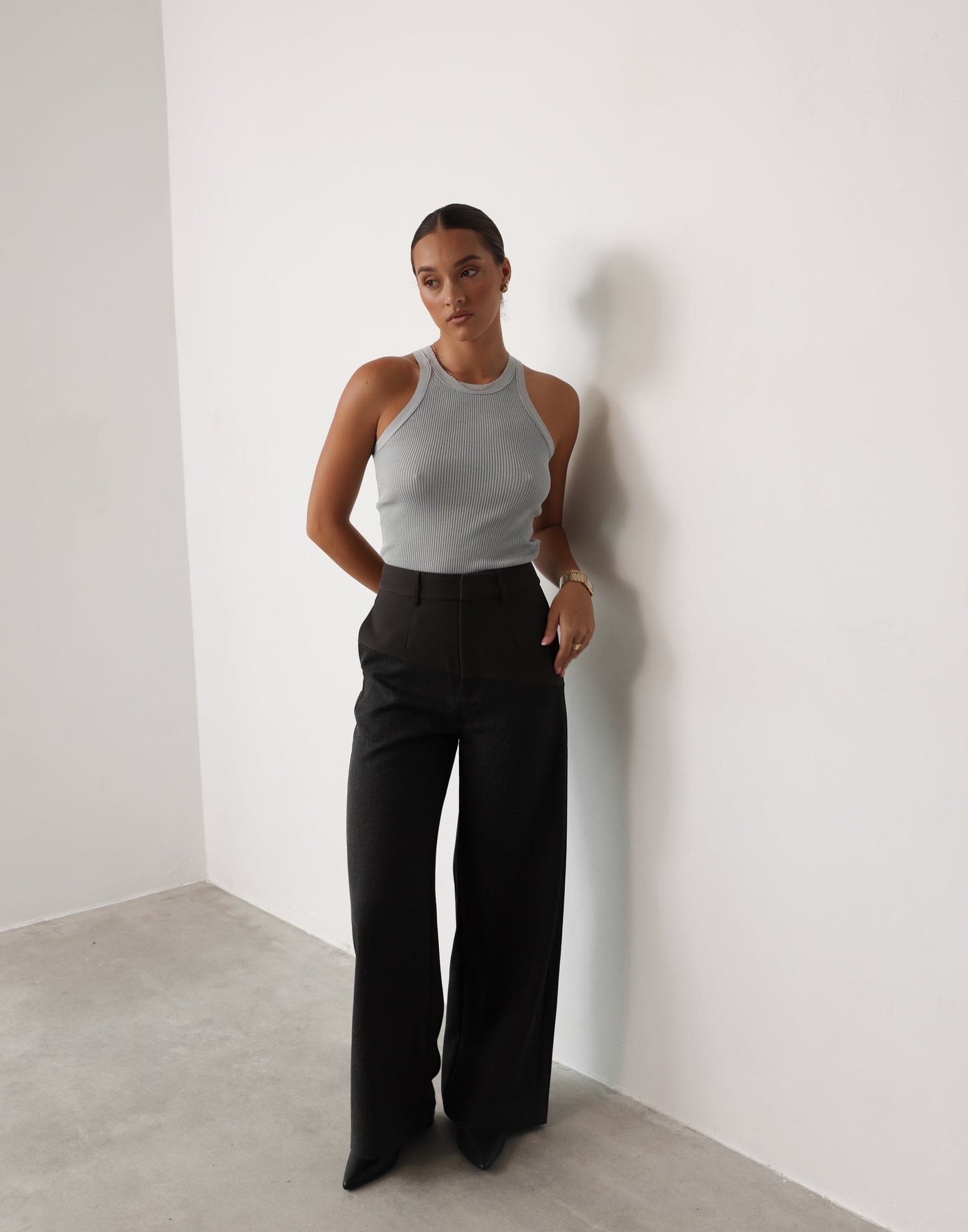 Angie Pants (Slate) | CHARCOAL Exclusive - Contrast Detail High Waisted Wide Leg Pants - Women's Pants - Charcoal Clothing