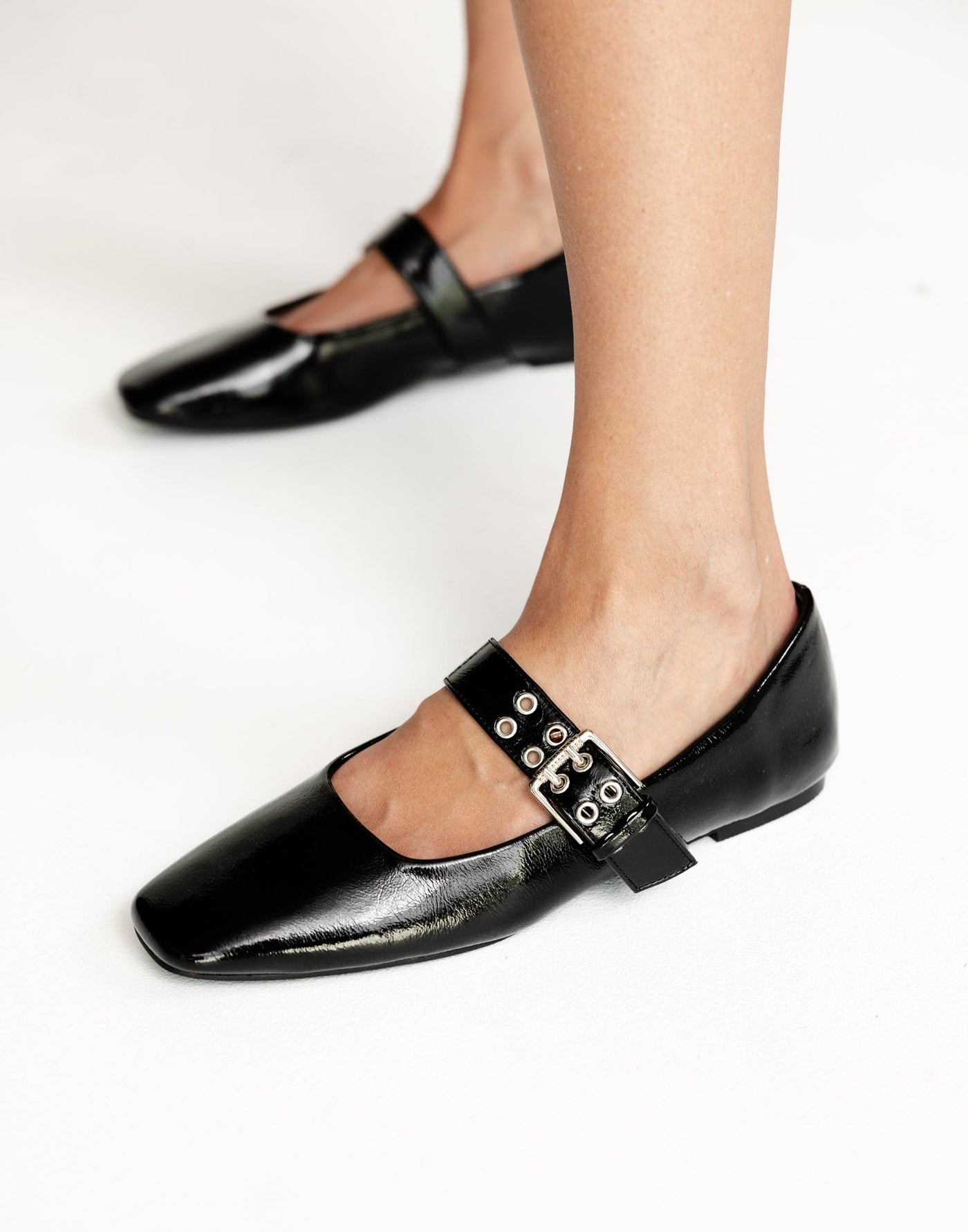 Faris Flats (Black Crinkle Patent) - By Billini - Pointed Toe Singular Strap Flats - Women's Shoes - Charcoal Clothing