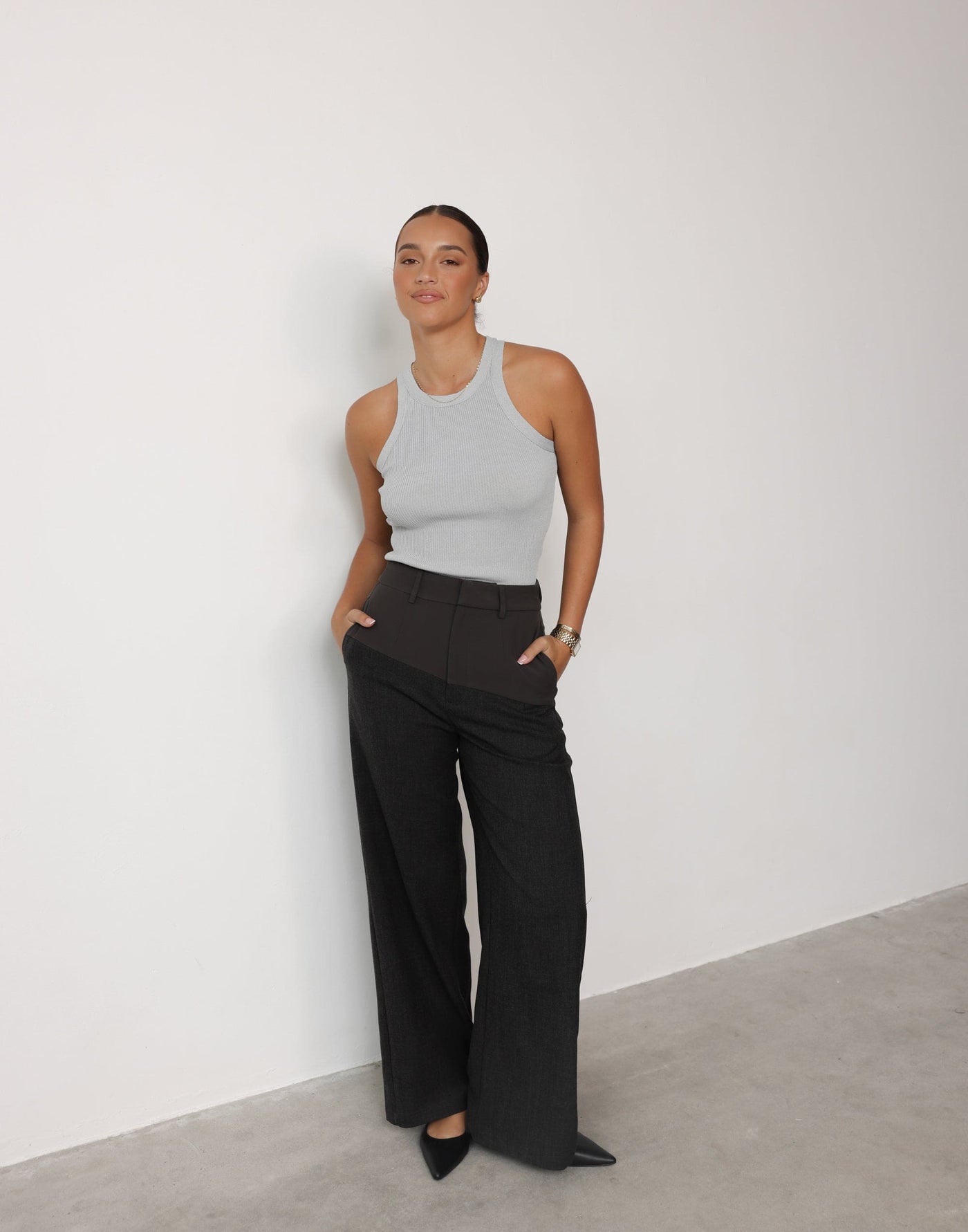 Angie Pants (Slate) | CHARCOAL Exclusive - Contrast Detail High Waisted Wide Leg Pants - Women's Pants - Charcoal Clothing