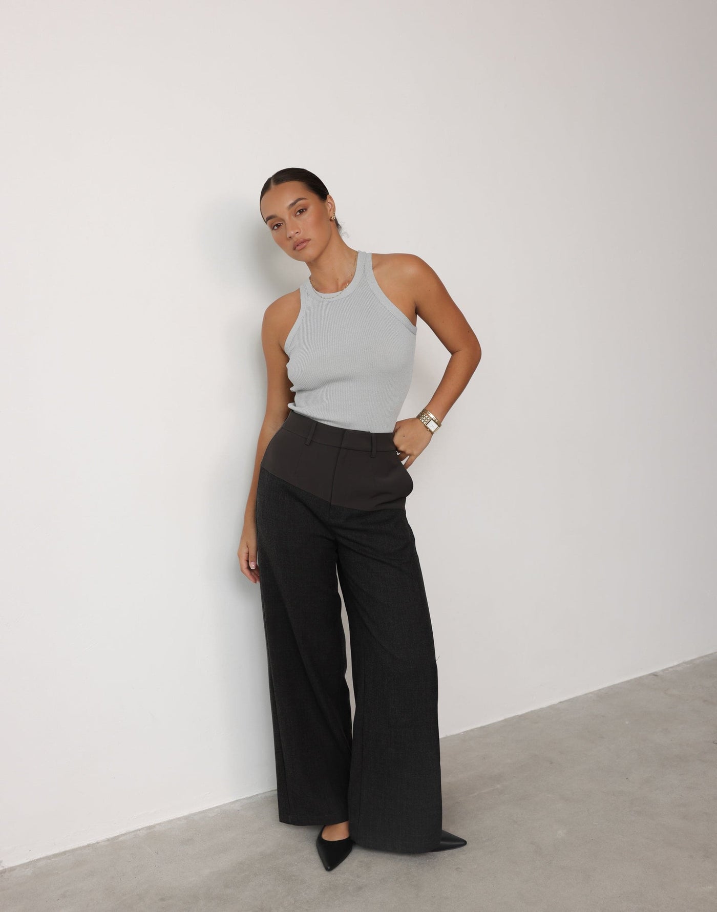 Angie Pants (Slate) | CHARCOAL Exclusive - Contrast Detail High Waisted Wide Leg Pants - Women's Pants - Charcoal Clothing