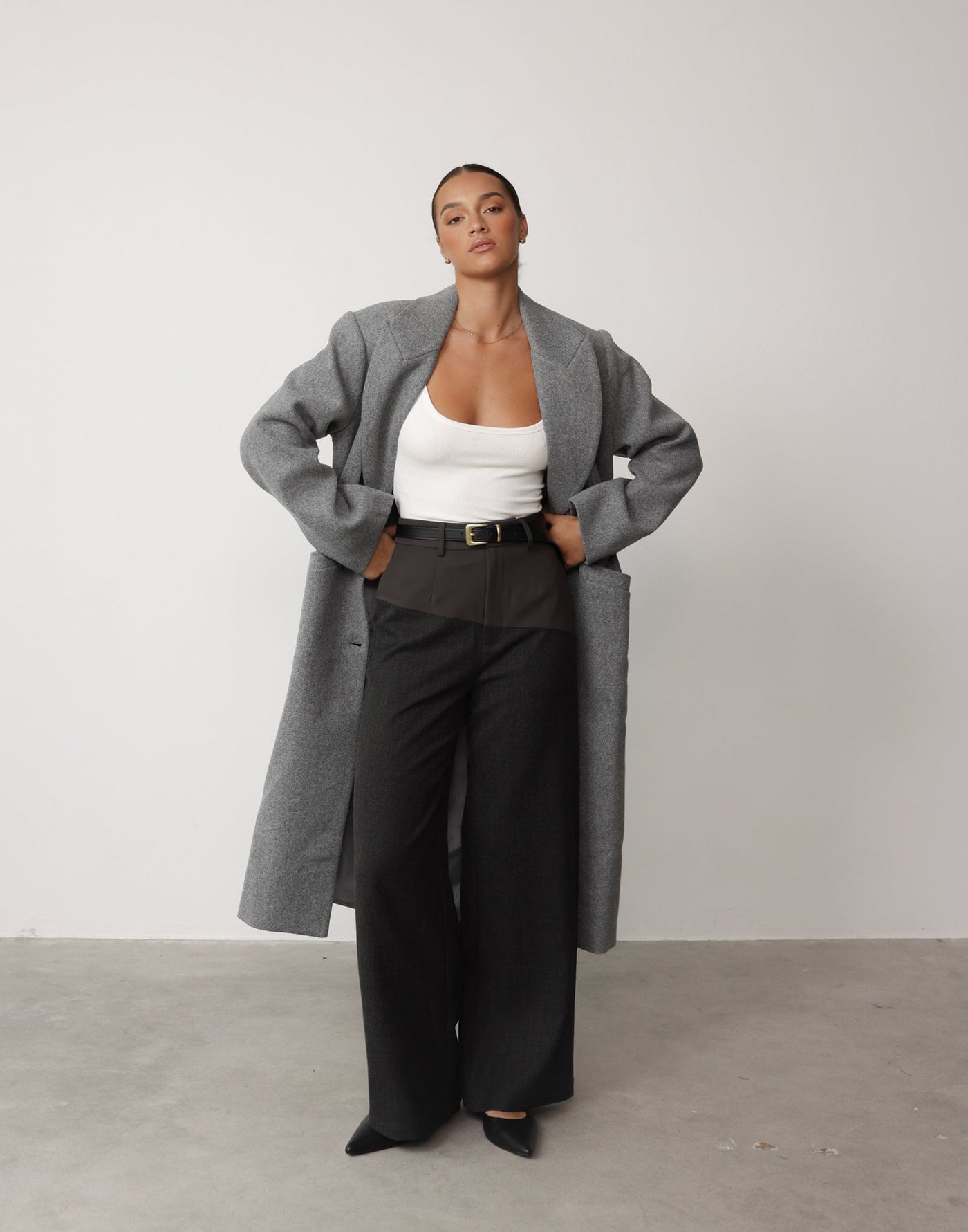 Angie Pants (Slate) | CHARCOAL Exclusive - Contrast Detail High Waisted Wide Leg Pants - Women's Pants - Charcoal Clothing