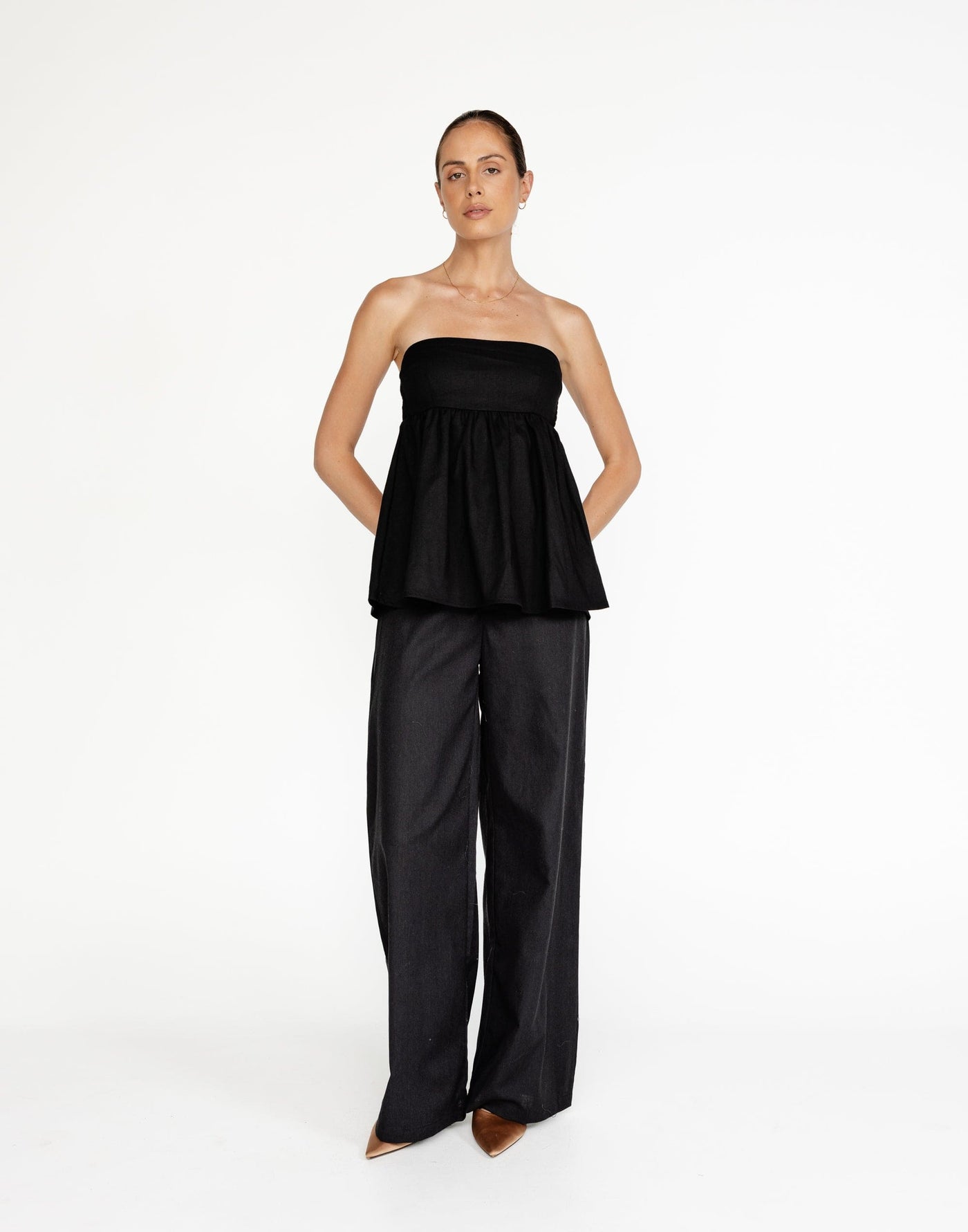 Tarsha Linen Pants (Black) | CHARCOAL Exclusive - High Waisted Zipper and Clasp Entry Pants - Women's Pants - Charcoal Clothing