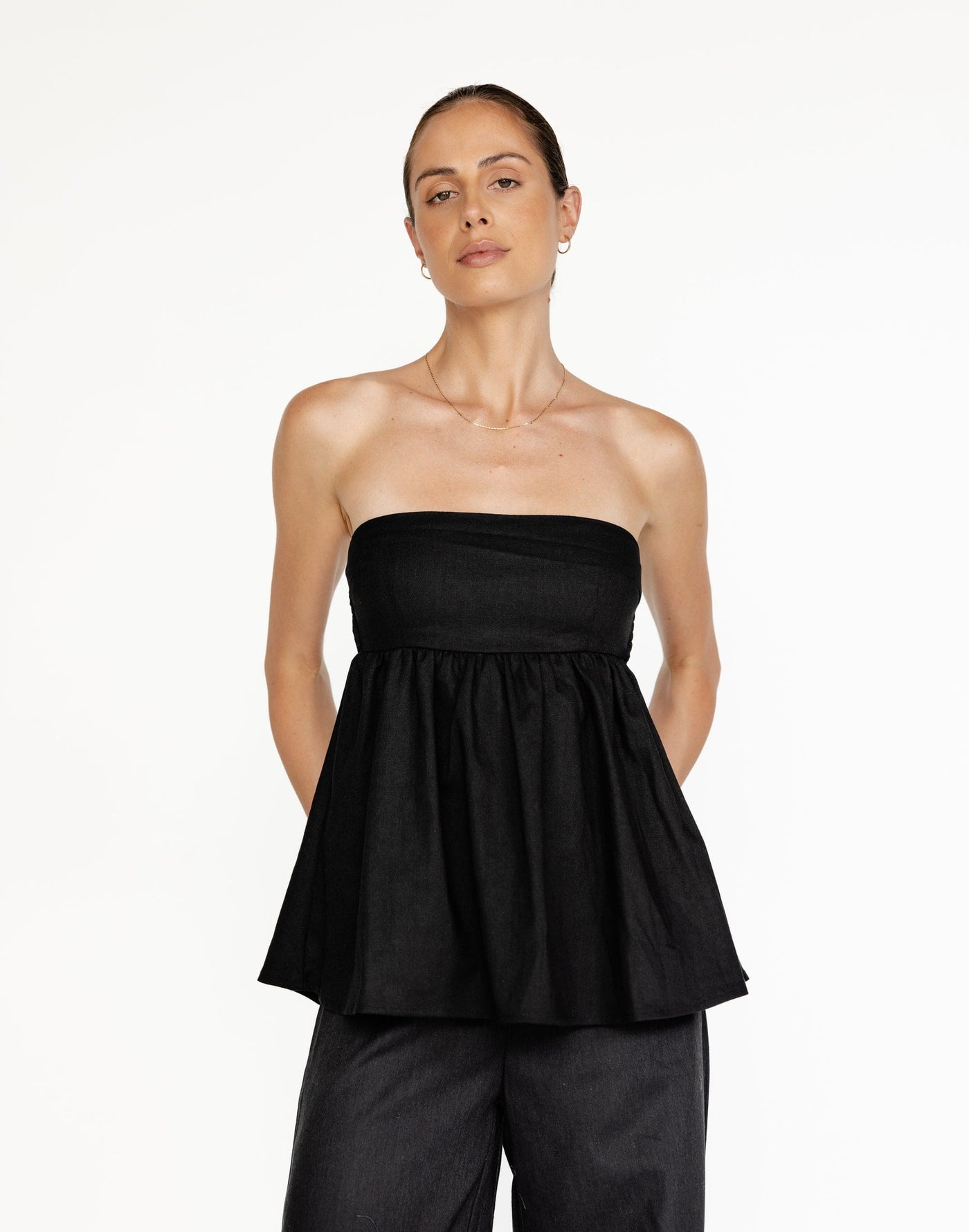 Tarsha Strapless Linen Top (Black) | CHARCOAL Exclusive - Strapless Peplum Style Top - Women's Top - Charcoal Clothing