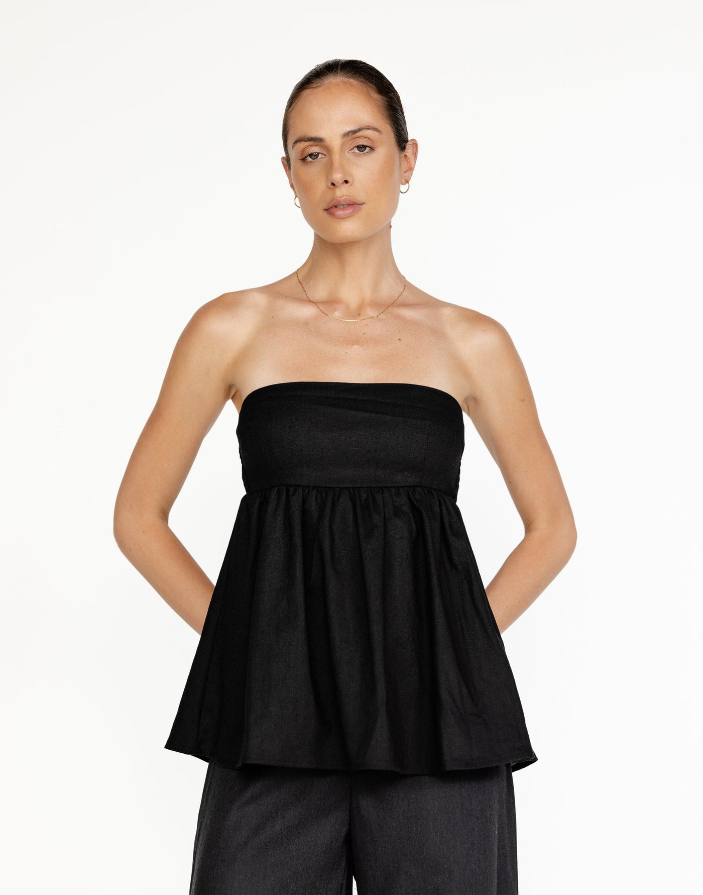 Tarsha Strapless Linen Top (Black) | CHARCOAL Exclusive - Strapless Peplum Style Top - Women's Top - Charcoal Clothing