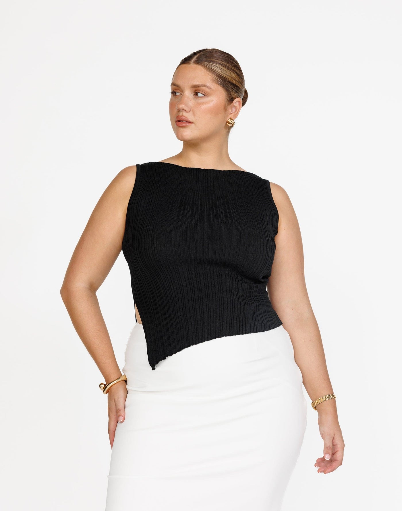 Kienna Top (Black) - Asymmetrical Ribbed Sleeveless Top - Women's Top - Charcoal Clothing