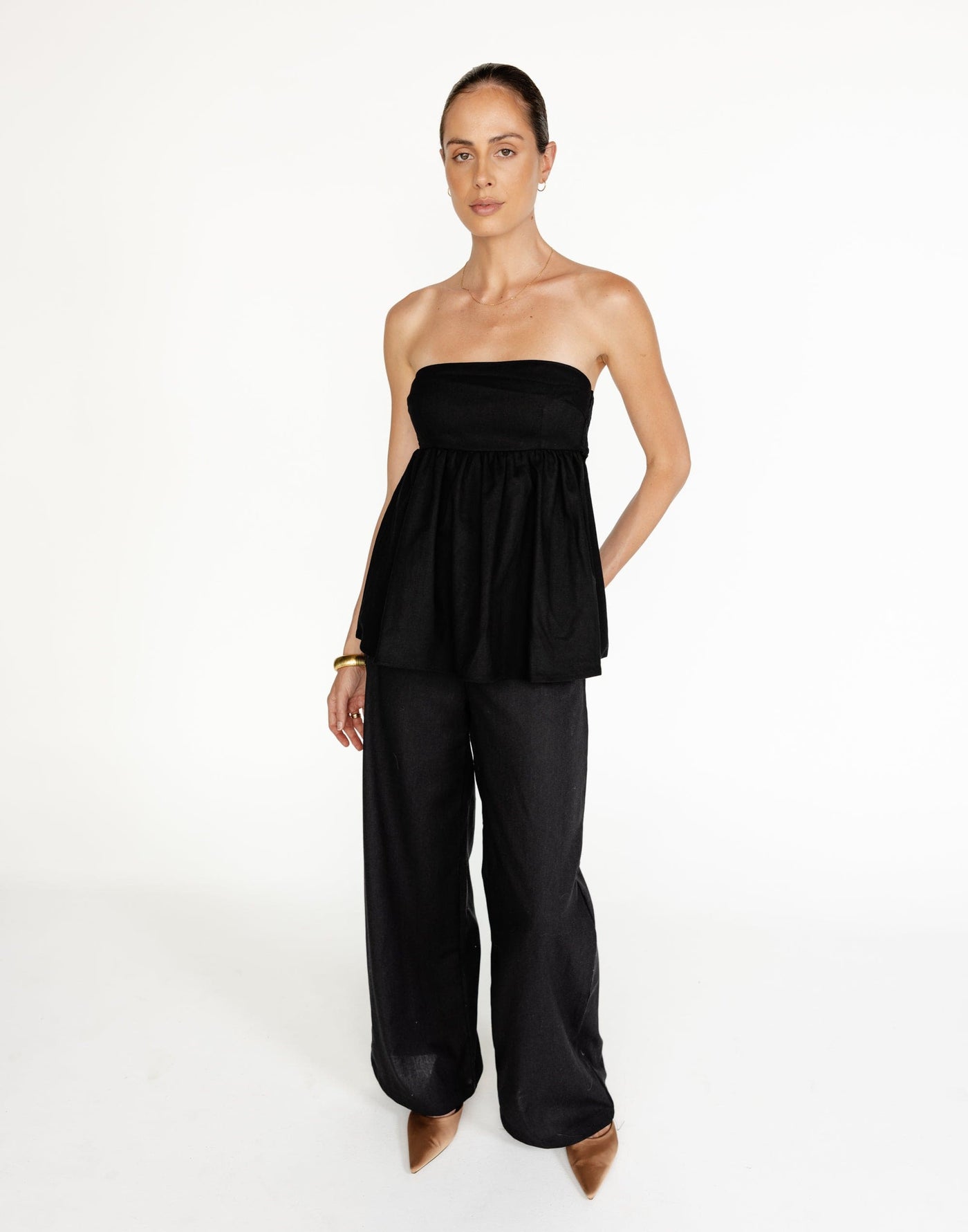 Tarsha Strapless Linen Top (Black) | CHARCOAL Exclusive - Strapless Peplum Style Top - Women's Top - Charcoal Clothing