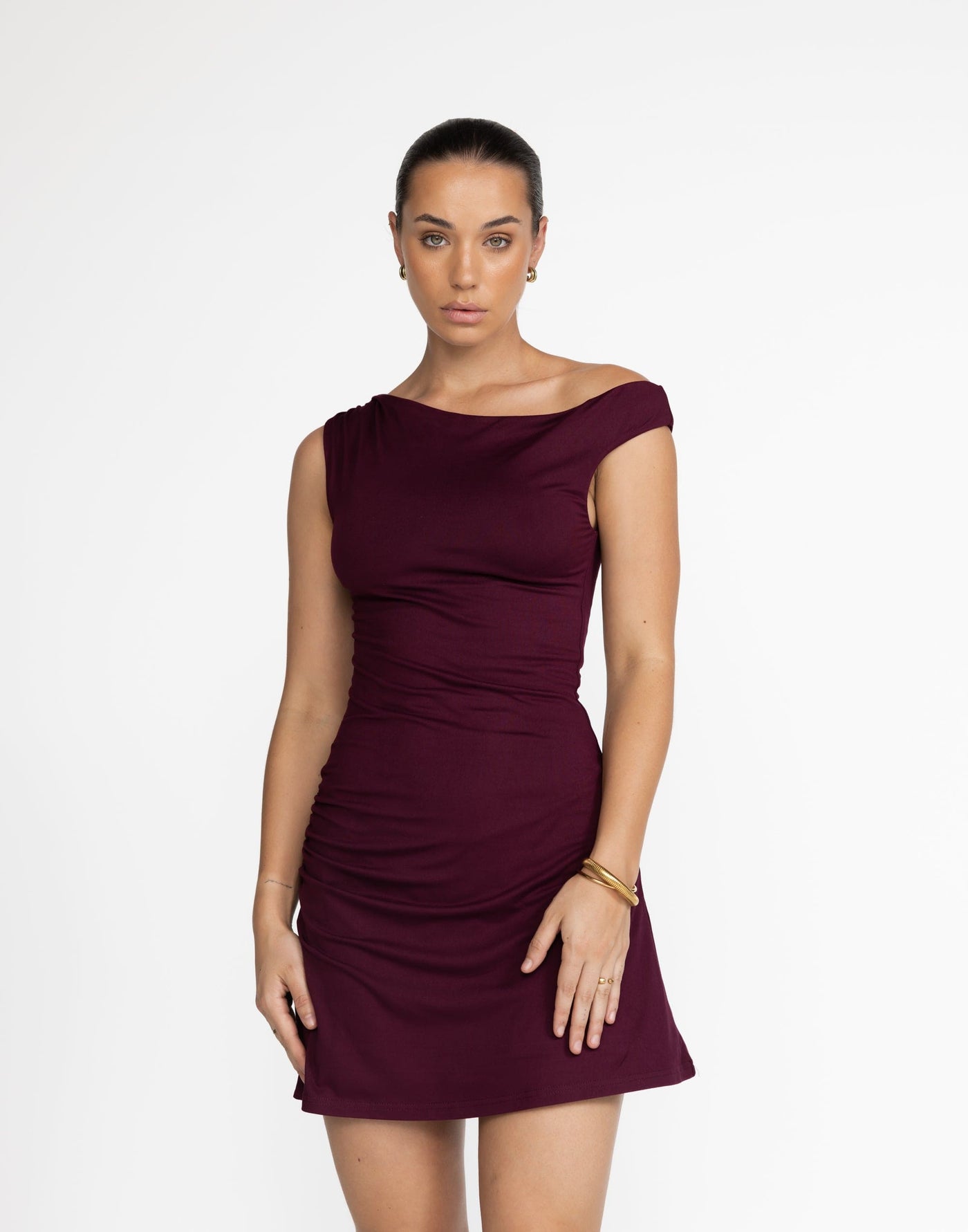 Lulu Mini Dress (Plum) | CHARCOAL Exclusive - Bodycon Off Shoulder Mini - Women's Dress - Charcoal Clothing