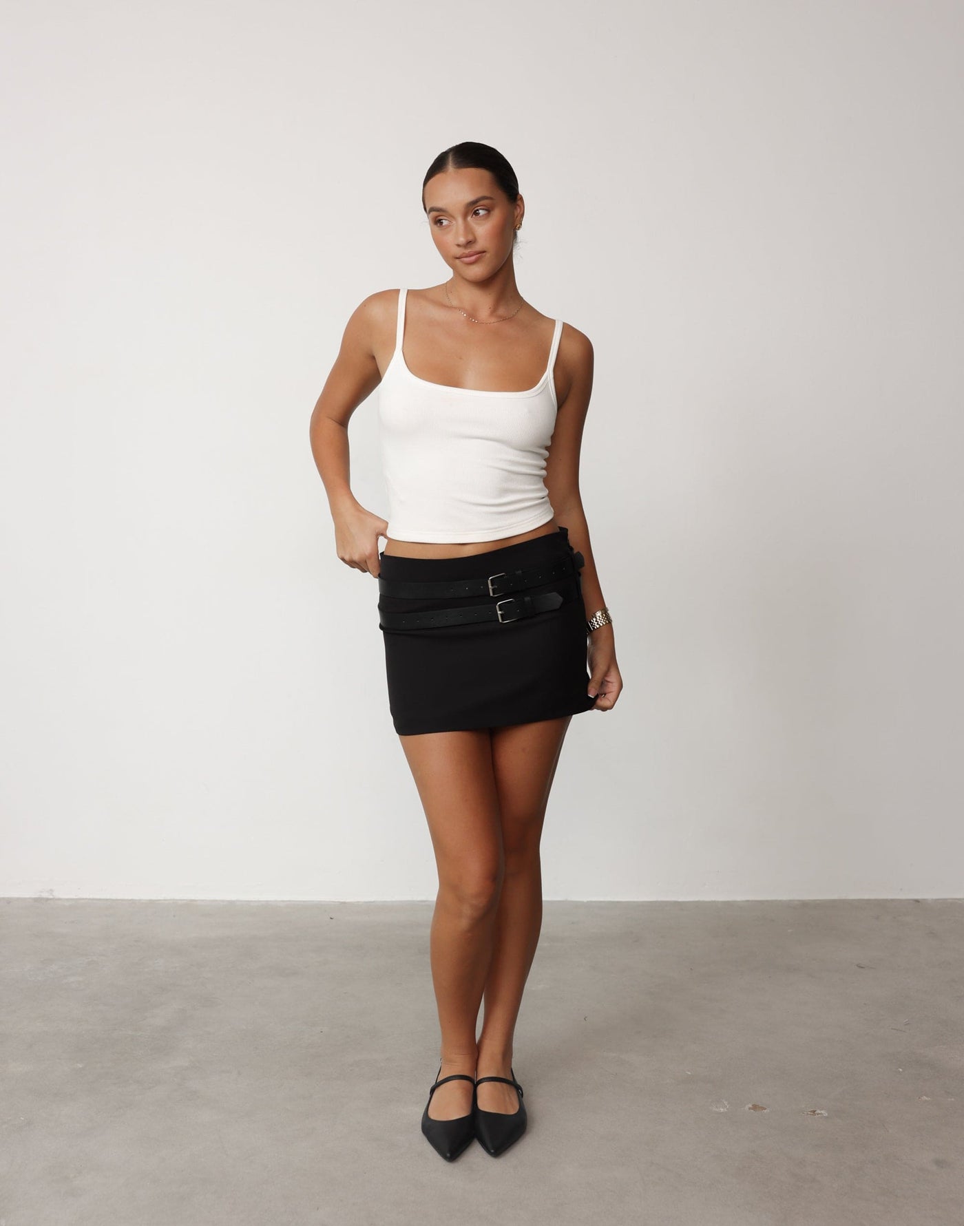 Ethereal Buckle Skirt (Onyx) - By Lioness - Low Rise Belt Detail Mini Skirt - Women's Skirt - Charcoal Clothing