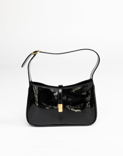 Clara Shoulder Bag (Black Patent) - By Billini - Fold Over Gold Click Clasp - Women's Accessories - Charcoal Clothing