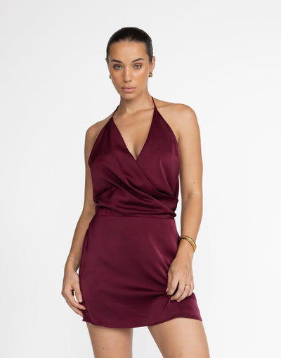 Cabaret Mini Dress (Plum) | CHARCOAL Exclusive - Red Halter Mini Dress - Women's Dress - Charcoal Clothing