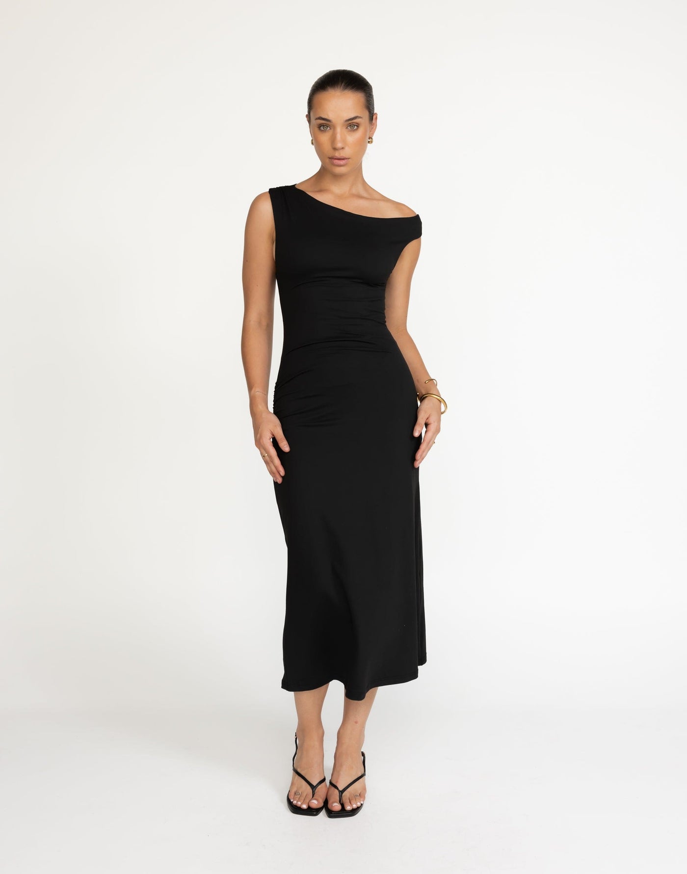 Lulu Midi Dress (Black) | CHARCOAL Exclusive - Off-Shoulder Bodycon Midi - Women's Dress - Charcoal Clothing