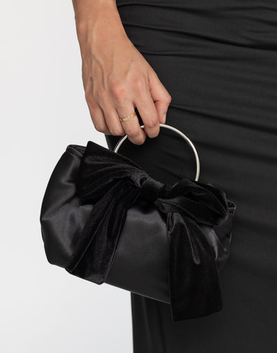 Ellen Handle Bag (Black Satin) - By Billini - Black Bow Bag - Women's Accessories - Charcoal Clothing