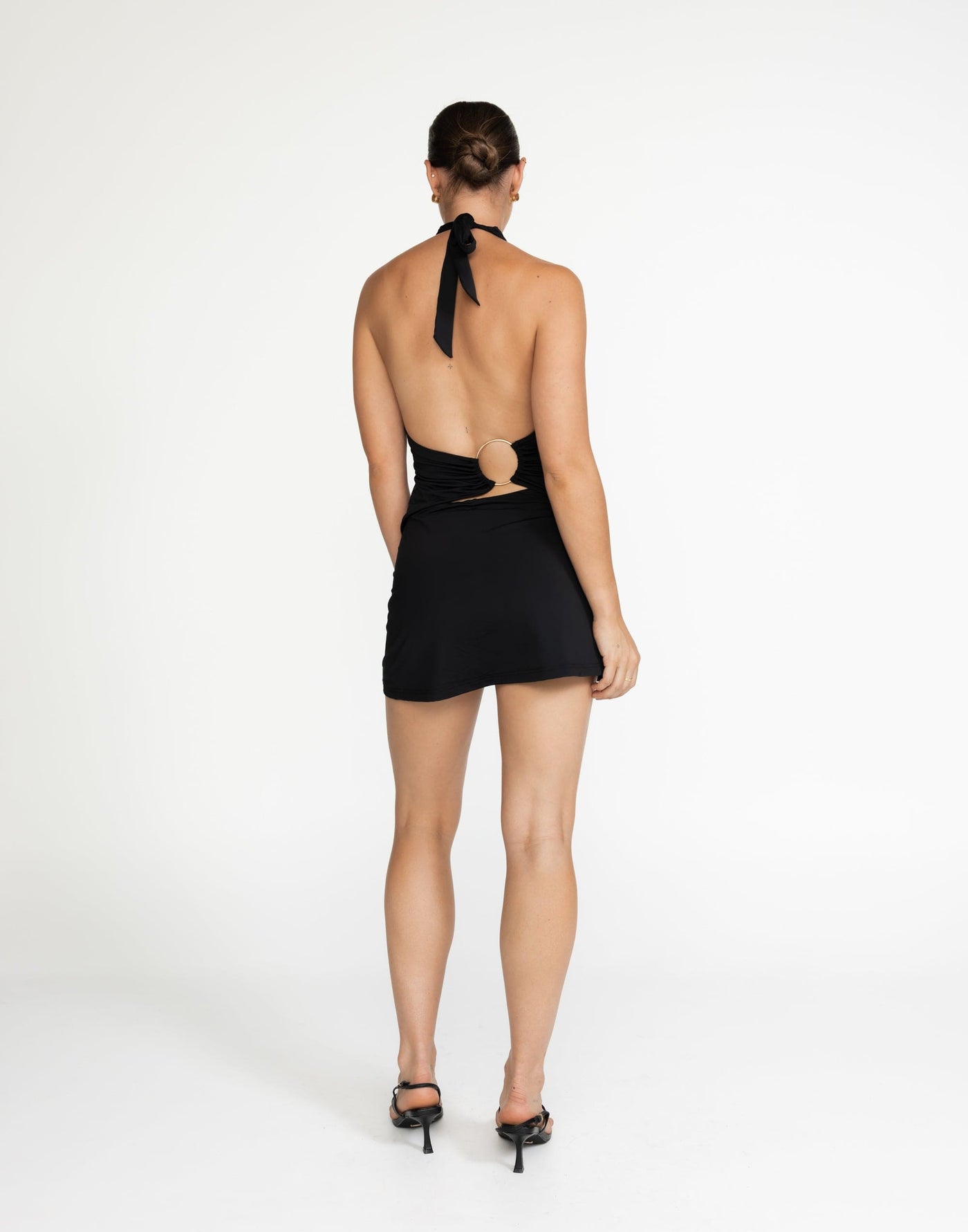 Speakeasy Mini Dress (Black) | CHARCOAL Exclusive - Tie Up Halter, Gold Detailing - Women's Dress - Charcoal Clothing