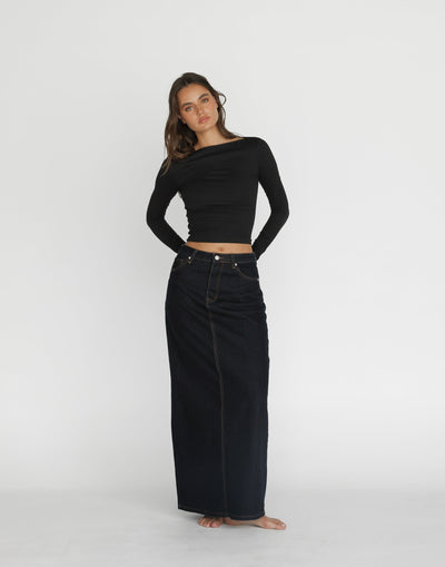 Tyler Denim Maxi Skirt (Midnight) | CHARCOAL Exclusive - Long Denim Maxi Skirt with Split on Back - Women's Skirt - Charcoal Clothing