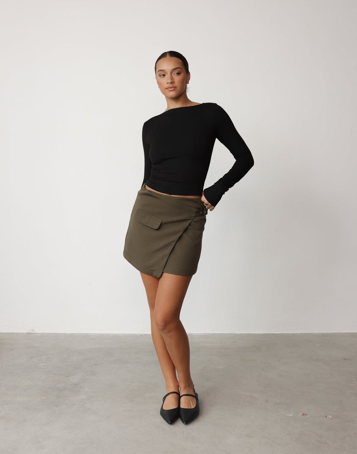 Kamala Mini Skirt (Moss) - Wrap Around Cargo Mini Skirt - Women's Skirt - Charcoal Clothing