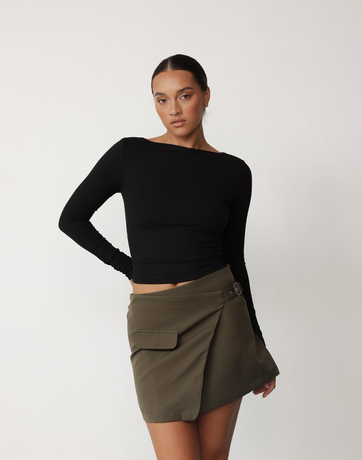 Kamala Mini Skirt (Moss) - Wrap Around Cargo Mini Skirt - Women's Skirt - Charcoal Clothing