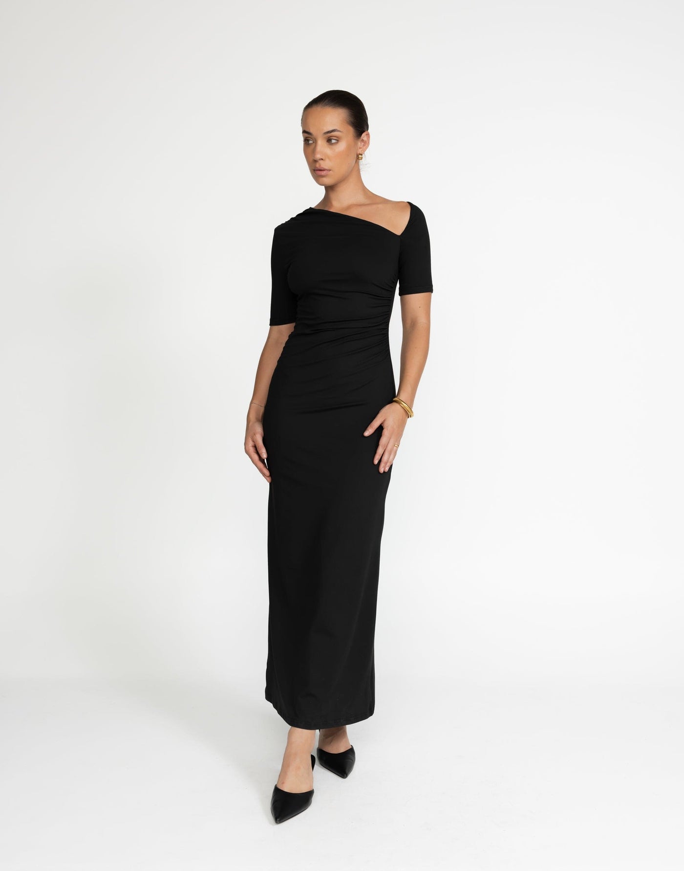 Vilma Maxi Dress (Black) | CHARCOAL Exclusive - Asymmetrical Neckline - Women's Dress - Charcoal Clothing