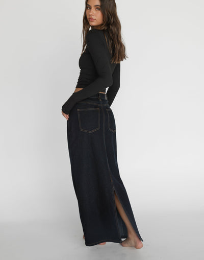 Tyler Denim Maxi Skirt (Midnight) | CHARCOAL Exclusive - Long Denim Maxi Skirt with Split on Back - Women's Skirt - Charcoal Clothing