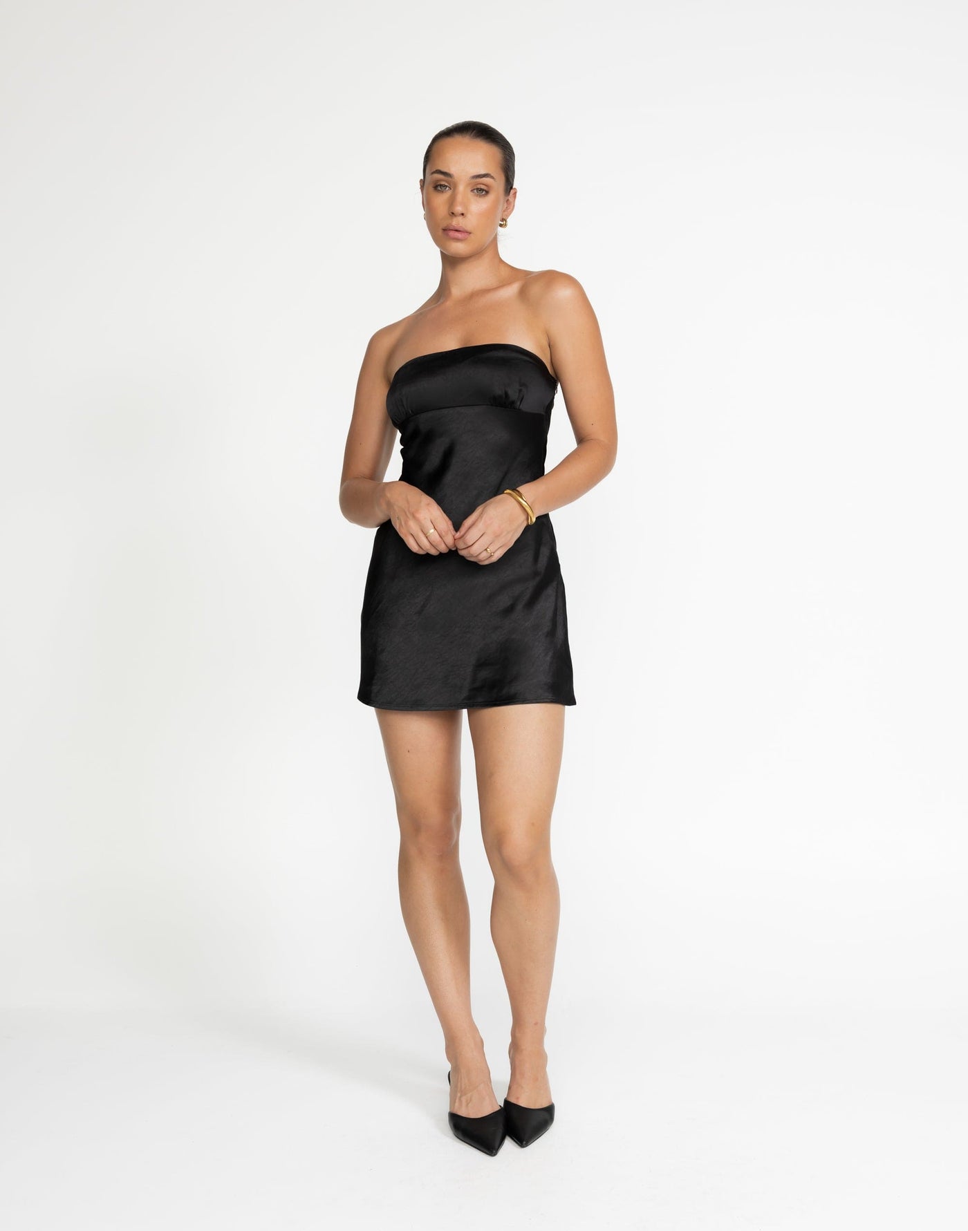 Loren Mini Dress (Black) | CHARCOAL Exclusive - Satin Strapless Mini Dress - Women's Dress - Charcoal Clothing