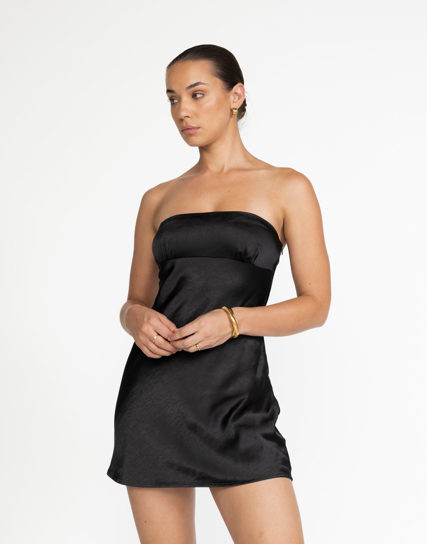 Loren Mini Dress (Black) | CHARCOAL Exclusive - Satin Strapless Mini Dress - Women's Dress - Charcoal Clothing