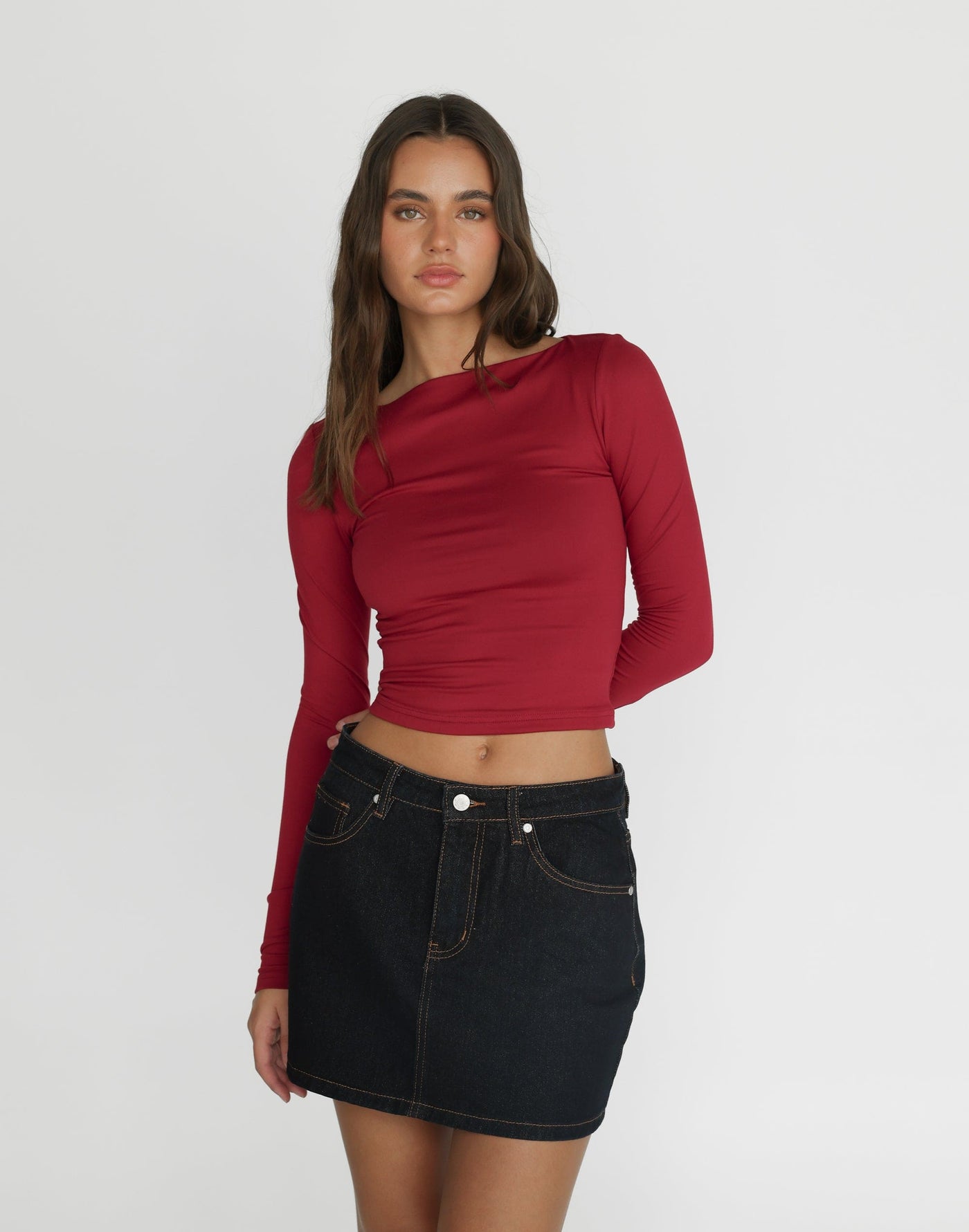 Lucian Long Sleeve Top (Cherry) | CHARCOAL Exclusive - Jersey Wide Neck Bodycon Top - Women's Top - Charcoal Clothing