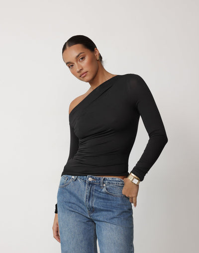 Imani Top (Black) | CHARCOAL Exclusive - Gathered Bodycon Long Sleeve Asymmetrical Top - Women's Top - Charcoal Clothing