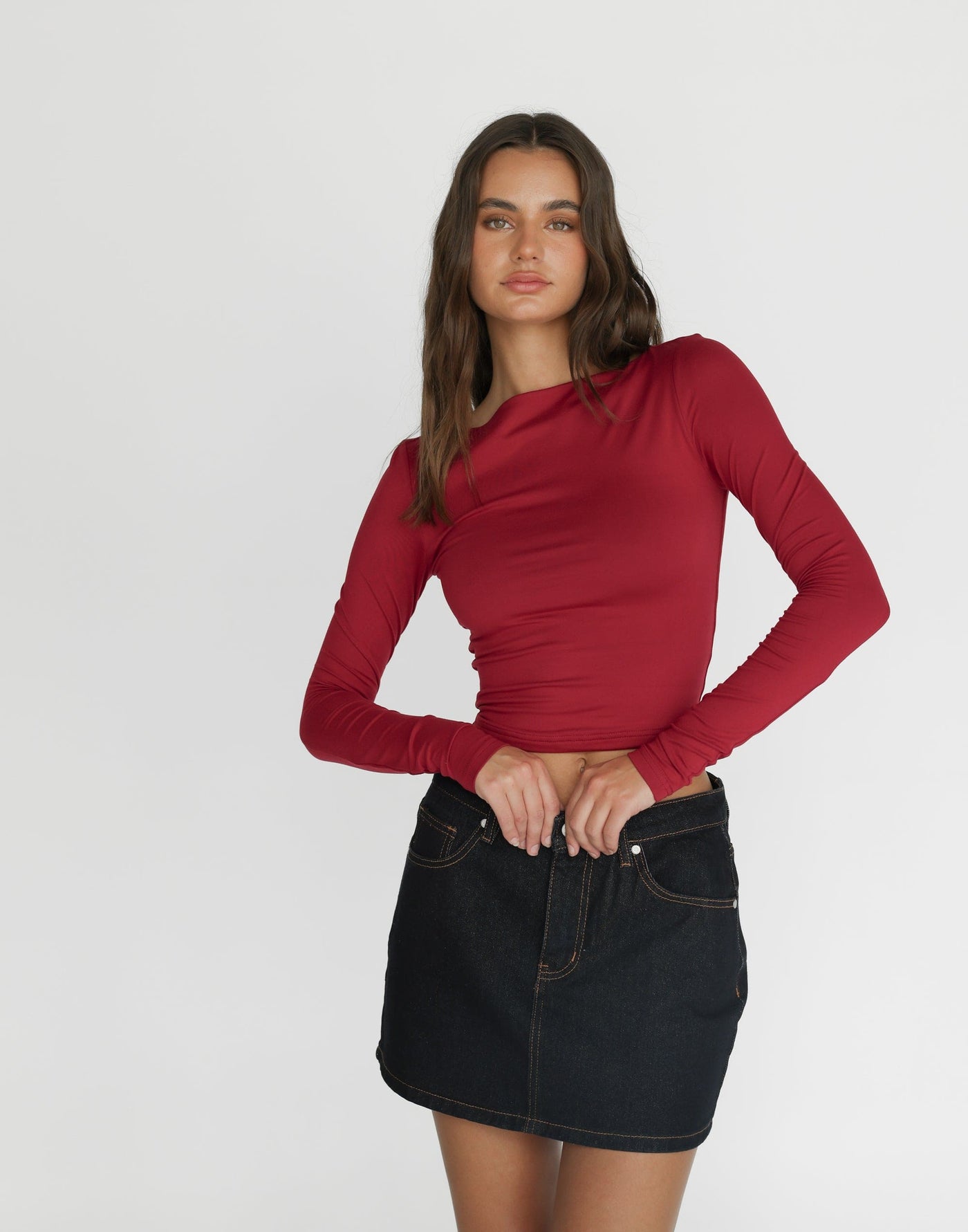 Lucian Long Sleeve Top (Cherry) | CHARCOAL Exclusive - Jersey Wide Neck Bodycon Top - Women's Top - Charcoal Clothing