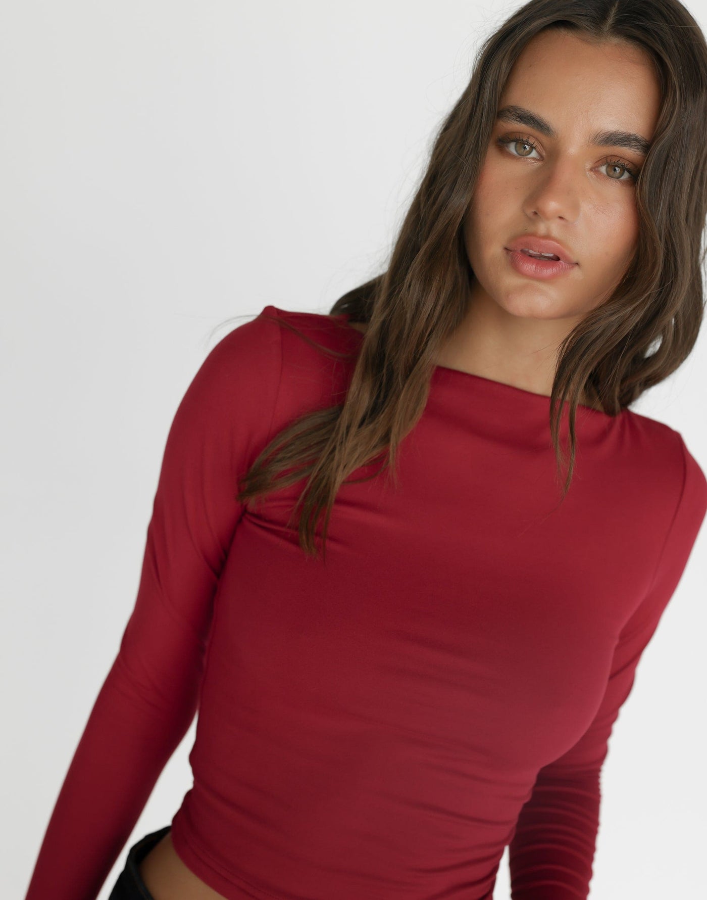 Lucian Long Sleeve Top (Cherry) | CHARCOAL Exclusive - Jersey Wide Neck Bodycon Top - Women's Top - Charcoal Clothing