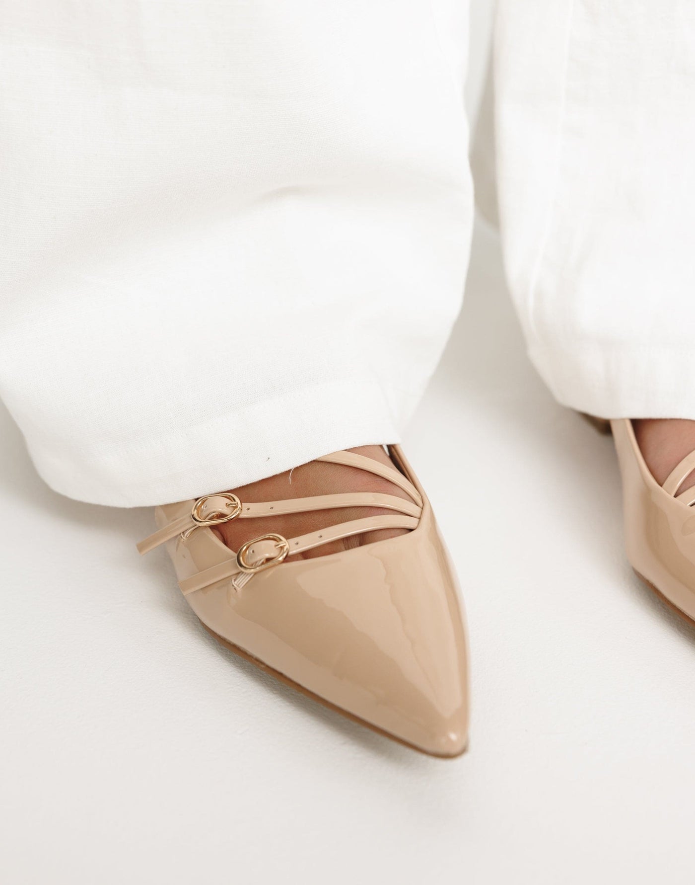 Hettie Flats (Beige Patent) - By Billini - Strappy Pointed Toe Open Heel Flats - Women's Shoes - Charcoal Clothing