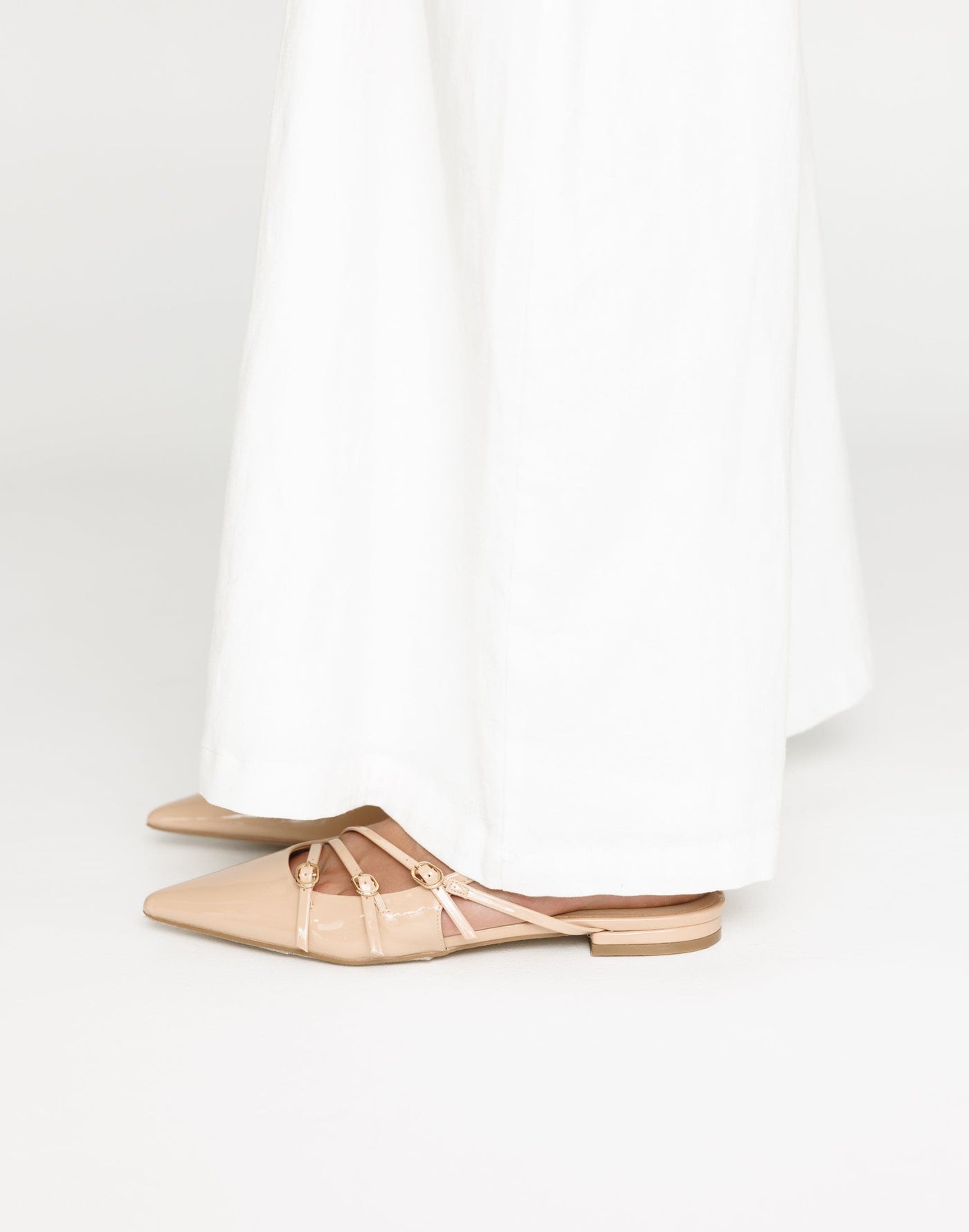 Hettie Flats (Beige Patent) - By Billini - Strappy Pointed Toe Open Heel Flats - Women's Shoes - Charcoal Clothing