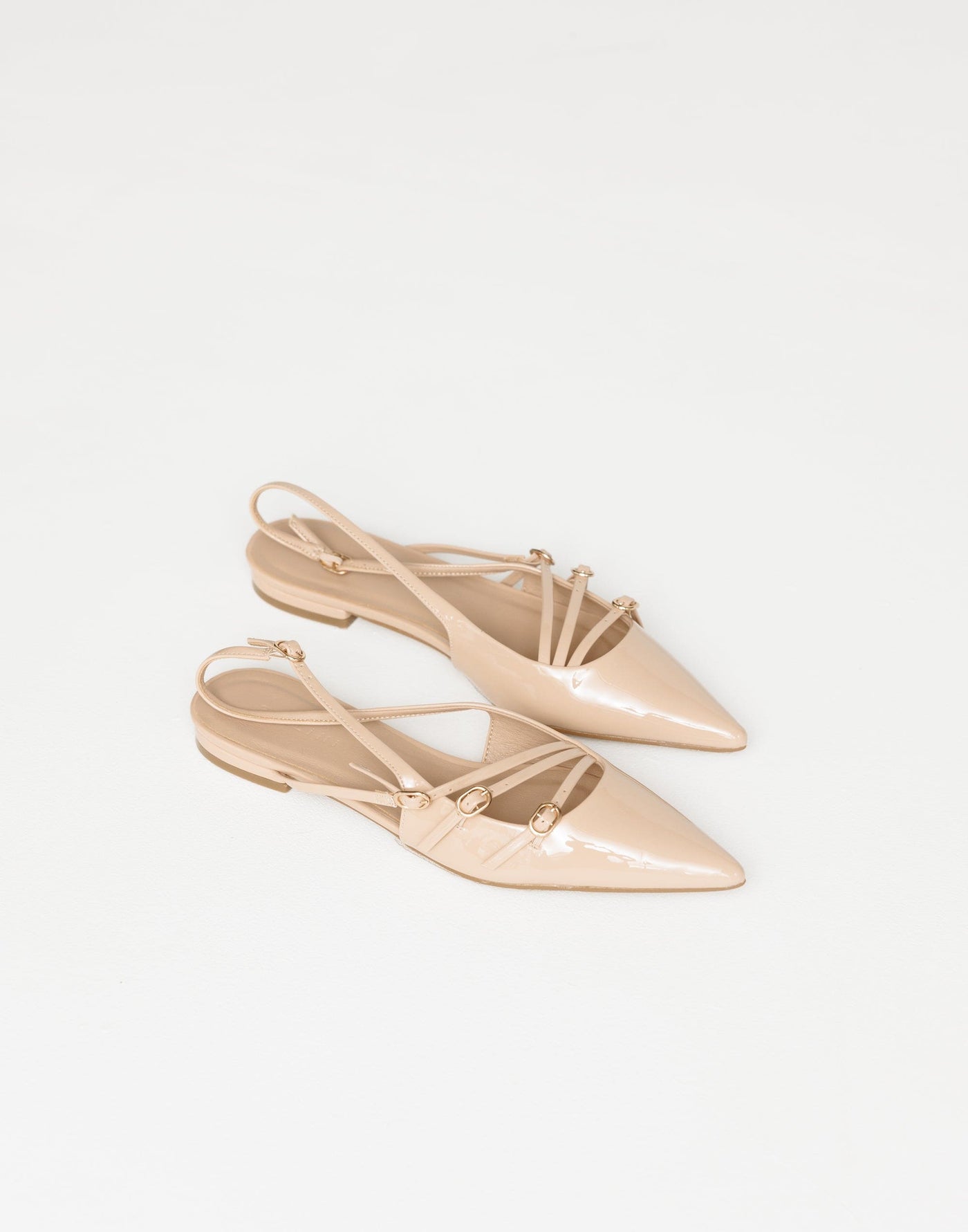 Hettie Flats (Beige Patent) - By Billini - Strappy Pointed Toe Open Heel Flats - Women's Shoes - Charcoal Clothing