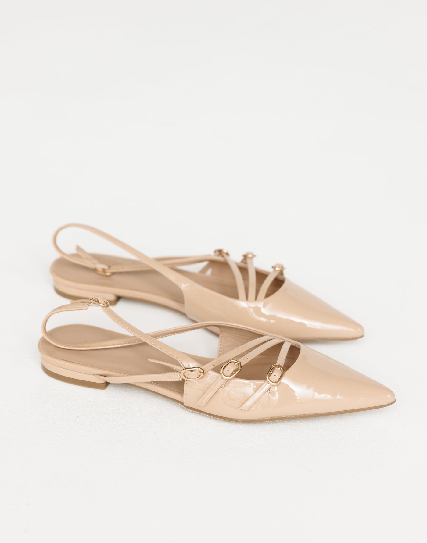 Hettie Flats (Beige Patent) - By Billini - Strappy Pointed Toe Open Heel Flats - Women's Shoes - Charcoal Clothing