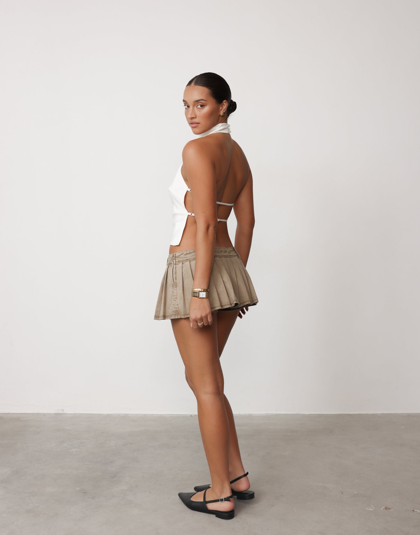 Rider Mini Skort (Stone) - By Lioness - Low Rise Pleated Skort - Women's Skirt - Charcoal Clothing