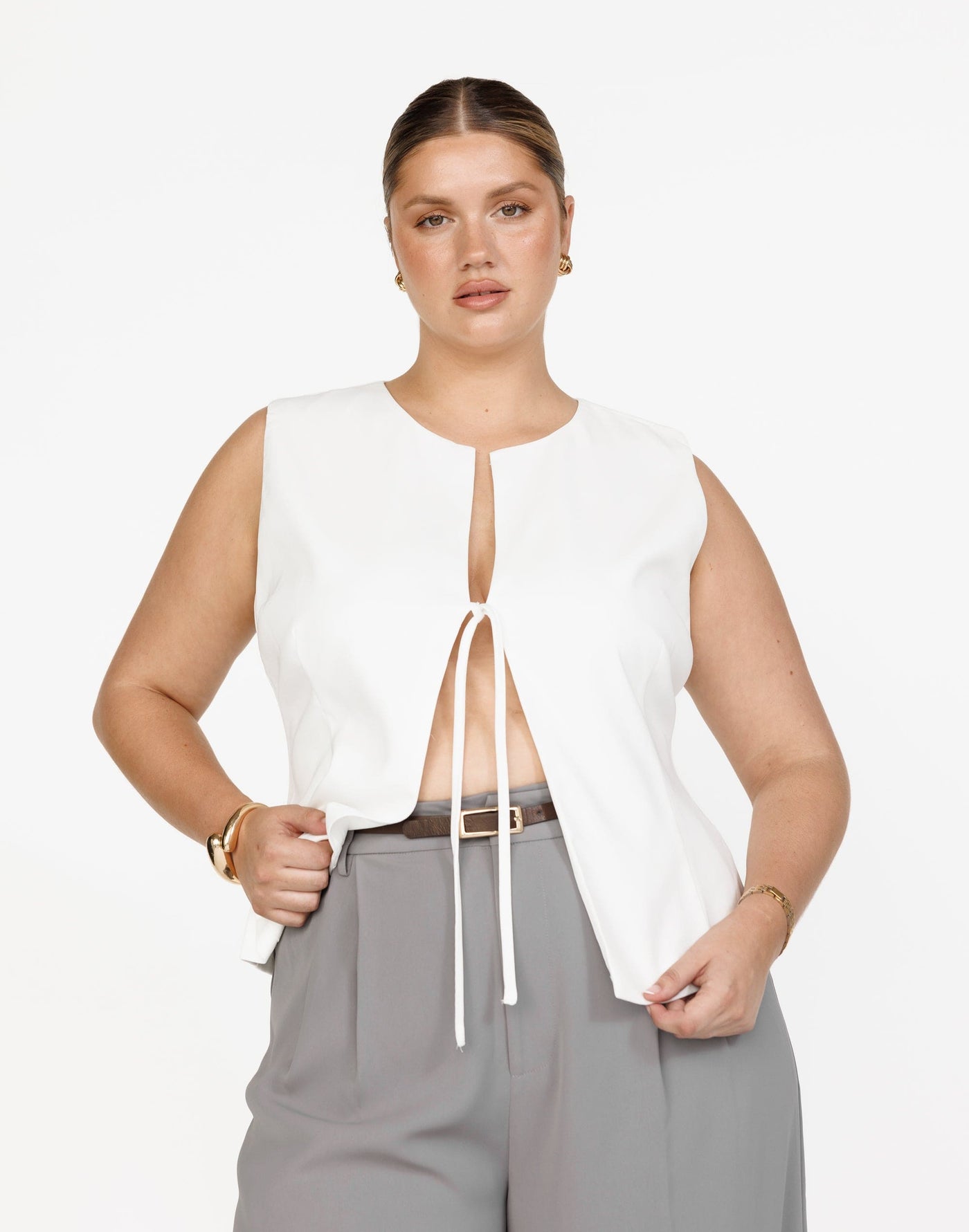 Caisey Top (White) | CHARCOAL Exclusive - Open Tie Front Detail Top - Women's Top - Charcoal Clothing