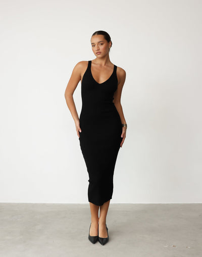 Mariam Midi Dress (Black) - Ribbed V-neckline Bodycon Midi Dress - Women's Dress - Charcoal Clothing