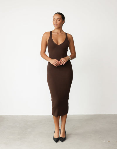 Mariam Midi Dress (Brown) - Ribbed V-neckline Bodycon Midi Dress - Women's Dress - Charcoal Clothing