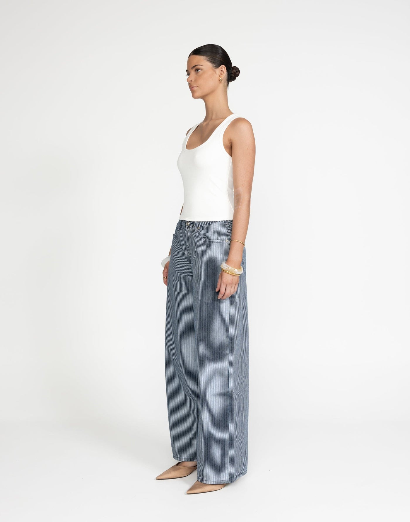 Wren Jeans (Navy Pinstripe) | CHARCOAL Exclusive - Low Rise Wide Leg Denim Jeans - Women's Pants - Charcoal Clothing