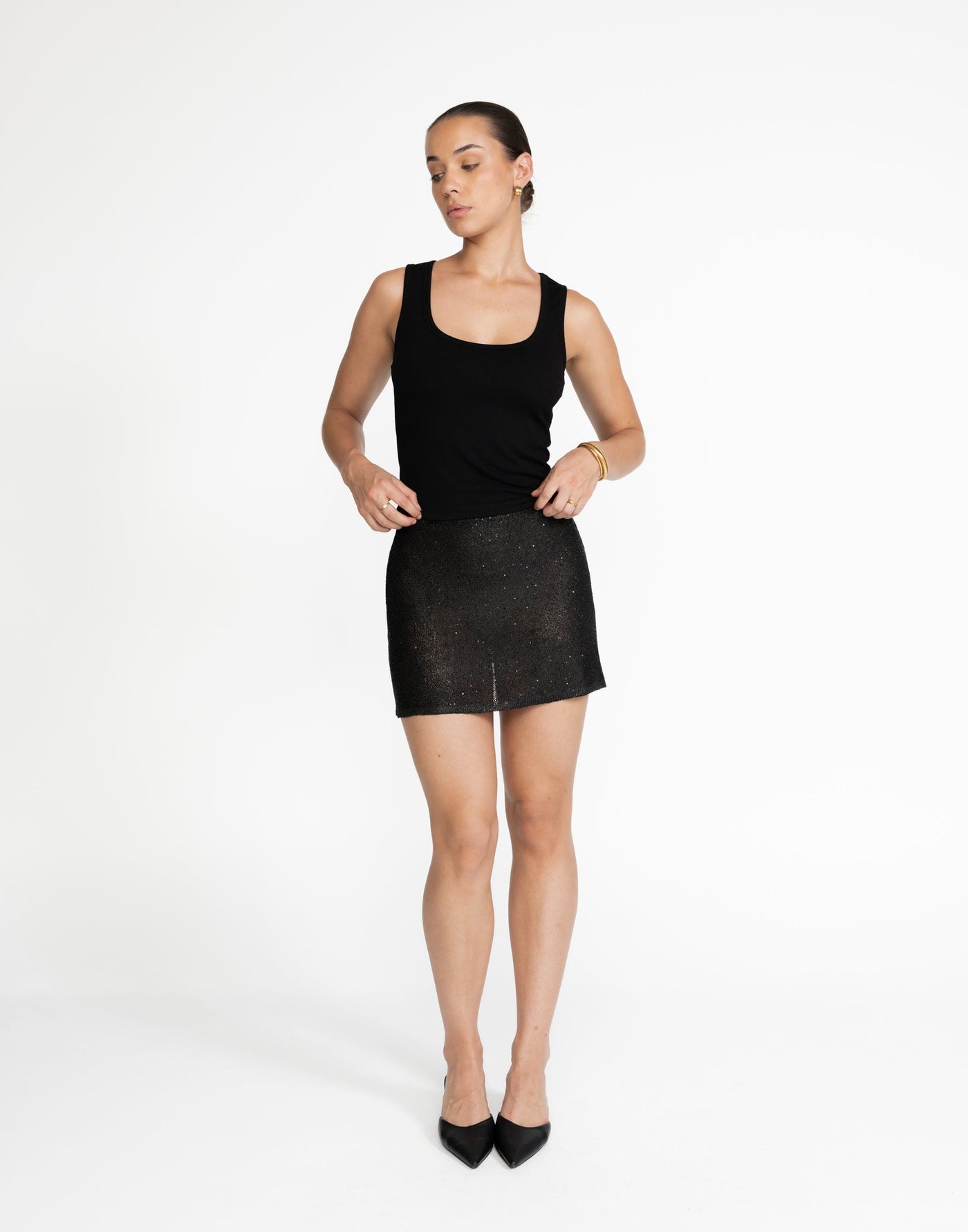 Bebe Knit Mini Skirt (Black) | CHARCOAL Exclusive - Black Mini Sequin Skirt - Women's Skirt - Charcoal Clothing